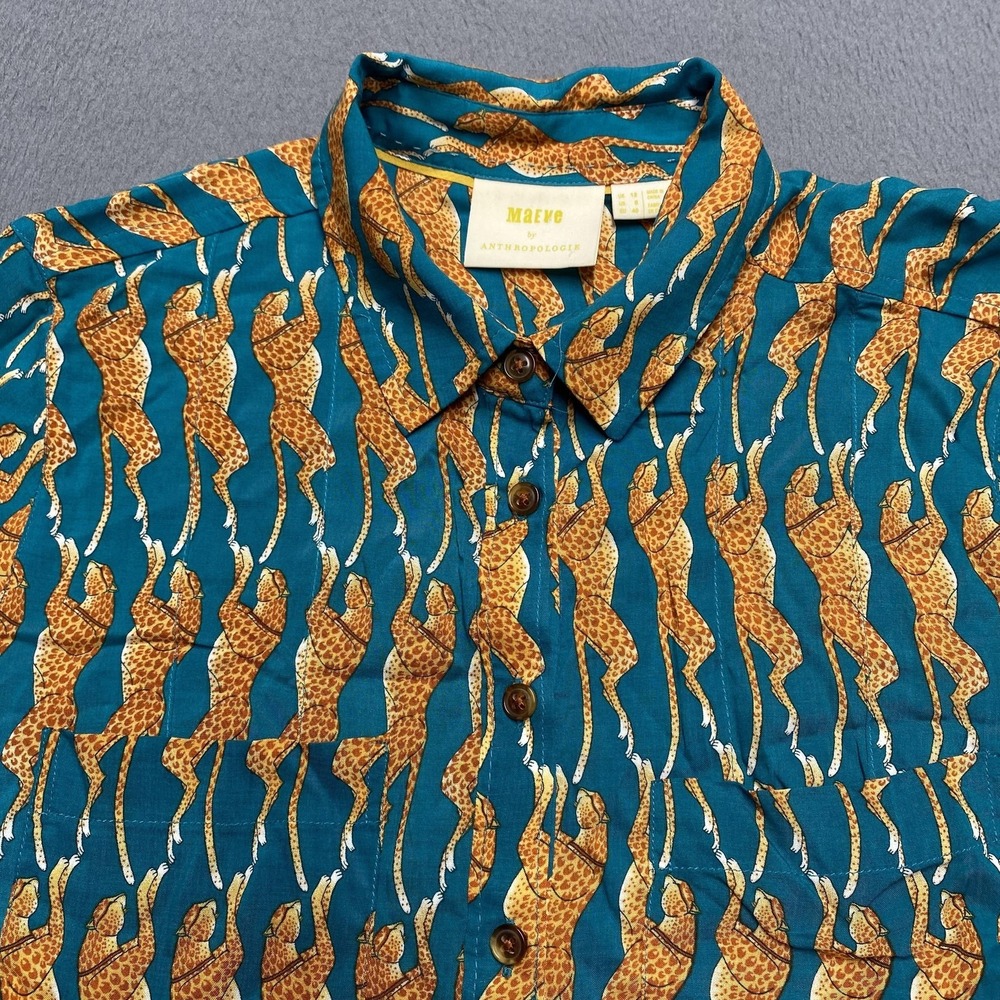 Maeve By Anthropologie Shirt Womens 8 Blue Leopard Button Front Long Sleeve - Picture 2 of 10